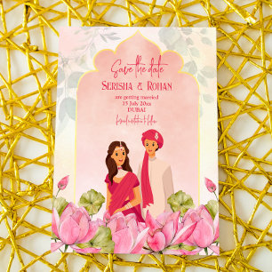 Indian wedding save the date lotus bridal couple invitation