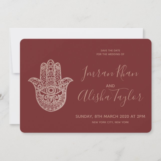 Indian Wedding Save the date Rose Gold hamsa Henna (Front)