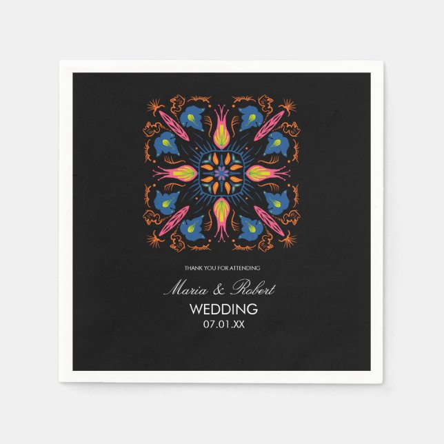 Indian Wedding Theme Elephant Floral Black    Napkin (Front)