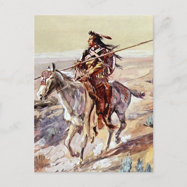 “Indian With Spear” Cowboy Art by Charles Russell Postcard (Front)