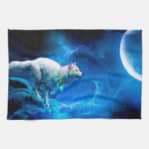 Indian wolf and the full moon tea towel
