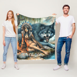 Indian woman and her strong wolf friend fleece blanket