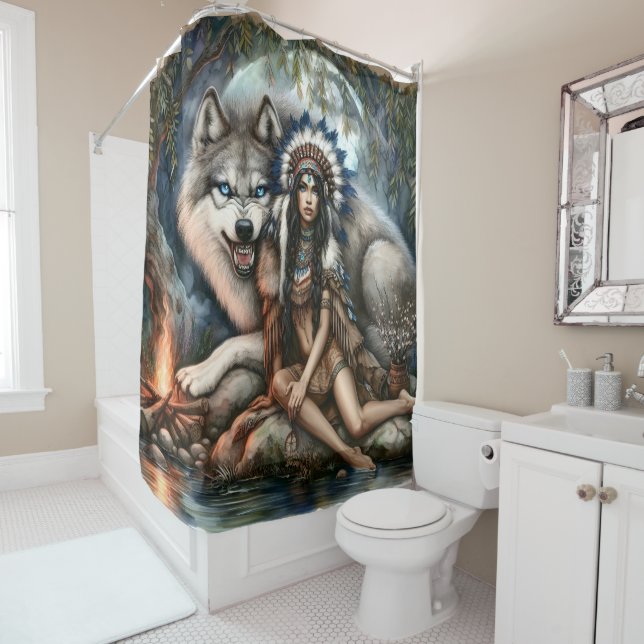 Indian woman and wolf in the forest shower curtain (In Situ)