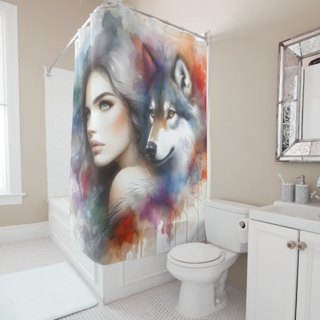  Indian Woman and Wolf Spirit of the Wild Shower Curtain (In Situ)
