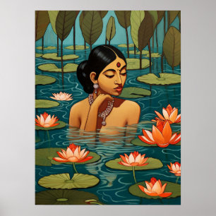 Indian Woman in a pond surrounded by lotus flowers Poster