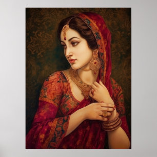 Indian Woman in Red Saree Portrait Painting Poster