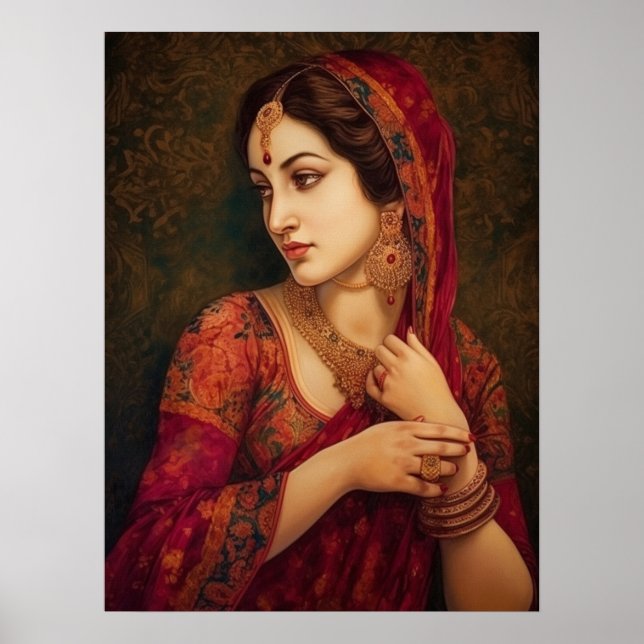 Indian Woman in Red Saree Portrait Painting Poster (Front)