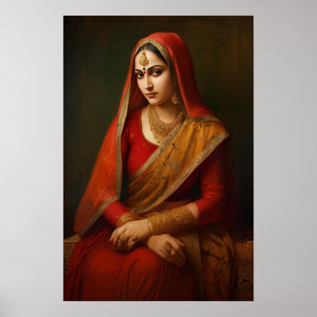 Indian Woman in Red Saree Vintage Painting Poster (Front)