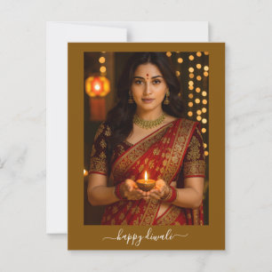 Indian Woman in Traditional Saree Holding Diya Lam Postcard