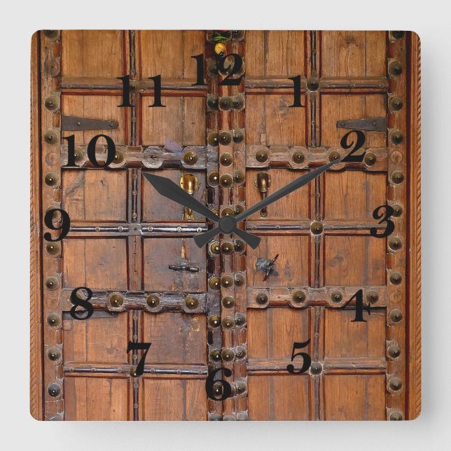 Indian Wooden Door Square Wall Clock (Front)