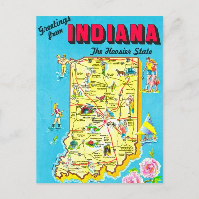  Indiana Colourful Map Postcard (Front)