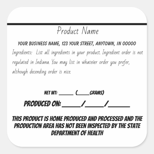 Indiana cottage law sticker home based food (Front)