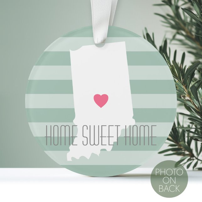 Indiana Home State Love with Custom Heart Ornament (Personalized Photo Ornament with a State Design on the Front and Photo on the Back)