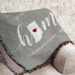 Indiana Home State Personalised Throw Blanket<br><div class="desc">Show some home state pride with this cute rustic grey throw blanket featuring "home" in white calligraphy script lettering with a silhouette map of the state of Indiana standing in for the letter "O." A red heart illustration inside the state map completes the design; you can change the position of...</div>