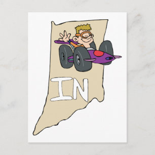 Indiana IN Map with funny Indy Race Car Cartoon Postcard