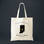 Indiana Map Wedding Welcome Bag Tote Black, Gold<br><div class="desc">Wedding weekend welcome gift bag for out of town guests to your wedding,  featuring image of Indiana,  with gold heart.  Fill tote with your favourite goodies.</div>