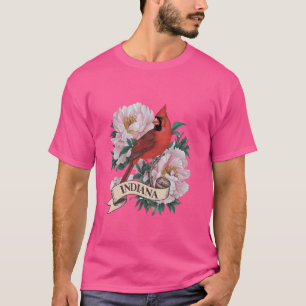 Indiana Northern Cardinal Bird and Peony Flower T-Shirt