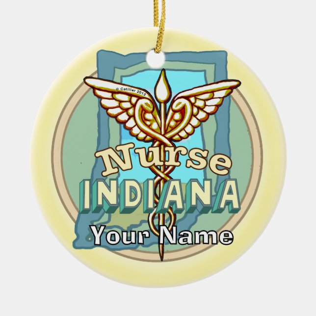 Indiana Nurse Caduceus  Ceramic Tree Decoration (Front)