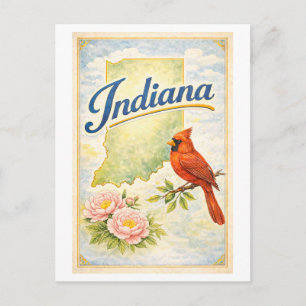 Indiana Postcard with Cardinal and Peony