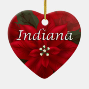 Indiana Red Poinsettia Heart  Keepsake Ornament