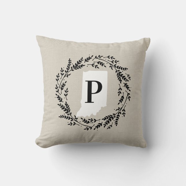 Indiana Rustic Wreath Monogram Throw Pillow (Front)