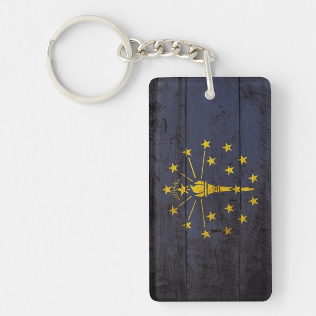 Indiana State Flag on Old Wood Grain Key Ring (Front)