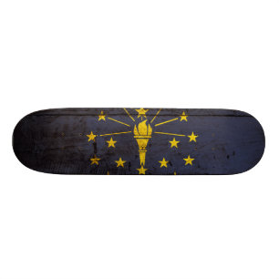 Indiana State Flag on Old Wood Grain Skateboard