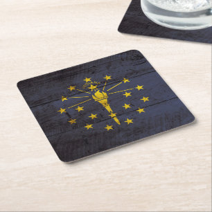 Indiana State Flag on Old Wood Grain Square Paper Coaster