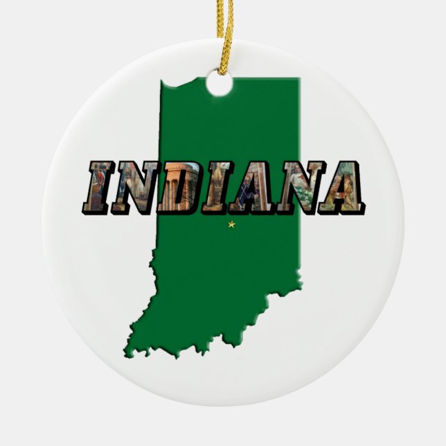 Indiana State Map Green Outline & Photo Text Ceramic Tree Decoration (Front)