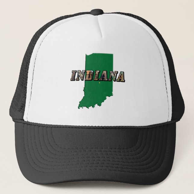 Indiana State Map Green Outline & Photo Text Trucker Hat (Front)