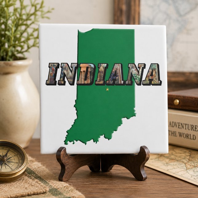 Indiana State Map Picture Text Tile (Indiana State Map Green Outline & Photo Text Tile)