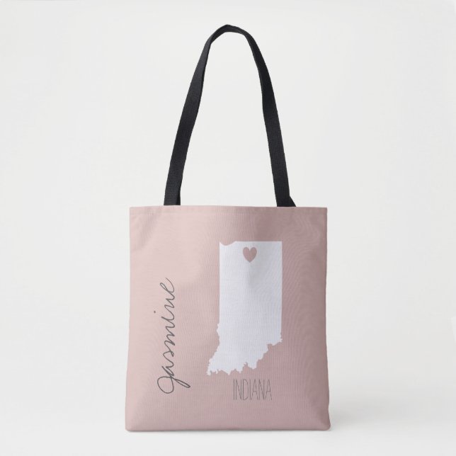 Indiana state map with heart personalize name tote bag (Front)