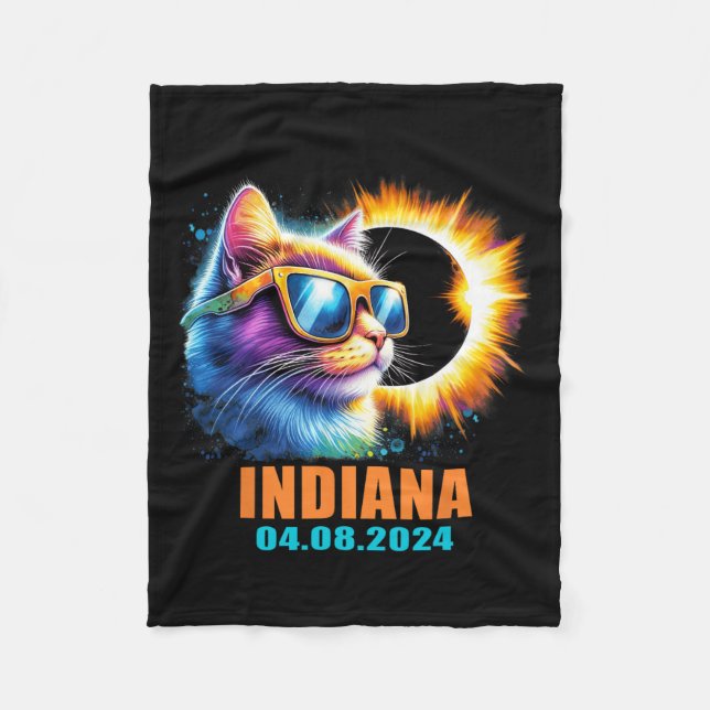 Indiana Total Solar Eclipse 2024 Cat Solar Eclipse Fleece Blanket (Front)