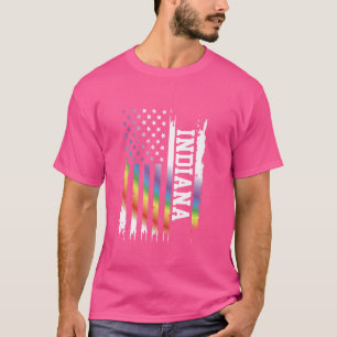 Indiana United States Distressed Rainbow w US Flag T-Shirt