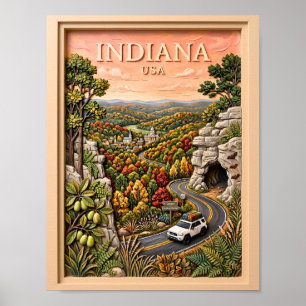 Indiana US Nature Road Trip Vintage Cave Forest Poster