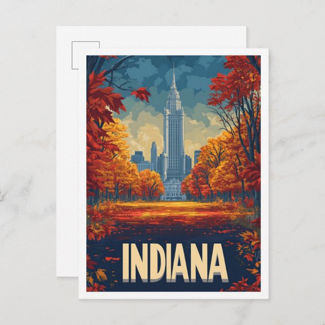 Indiana USA Art Vintage Illustration Travel Postcard (Front/Back)