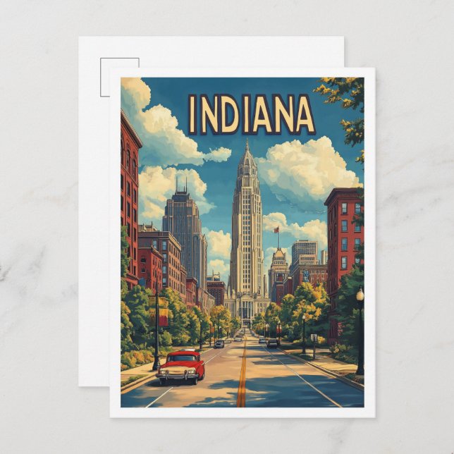 Indiana USA Art Vintage Illustration Travel Postcard (Front/Back)