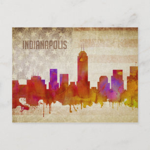 Indianapolis, IN Watercolor City Skyline Postcard