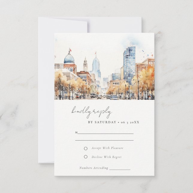 Indianapolis Indiana Landscape Watercolor Wedding RSVP Card (Front)