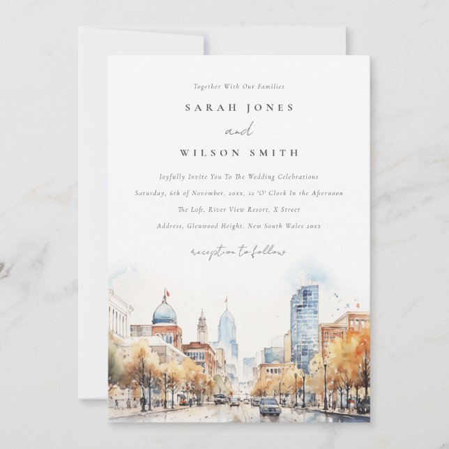 Indianapolis, Indiana Watercolor Landscape Wedding Invitation (Front)