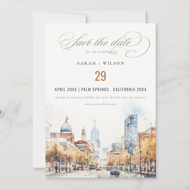Indianapolis, Indiana Watercolor Landscape Wedding Save The Date (Front)