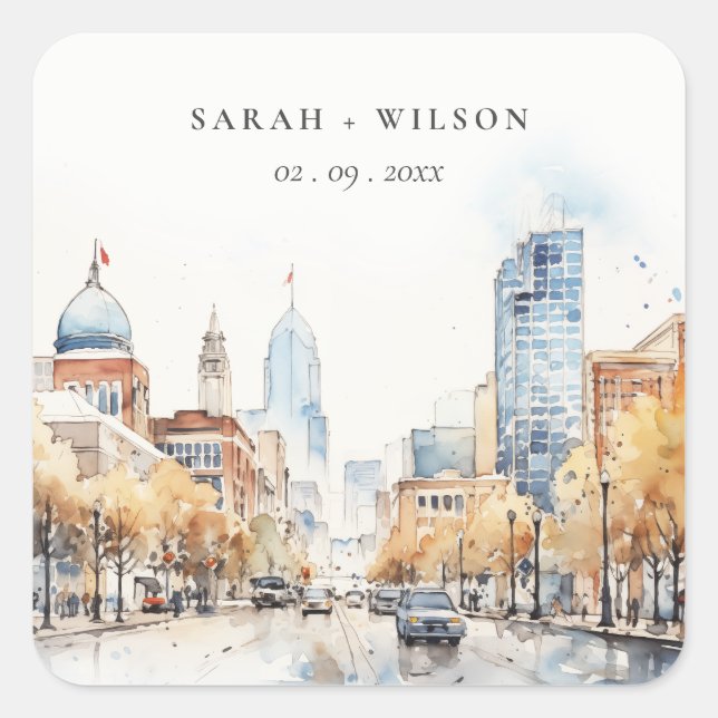 Indianapolis, Indiana Watercolor Landscape Wedding Square Sticker (Front)