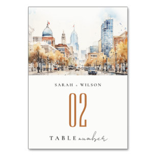 Indianapolis, Indiana Watercolor Landscape Wedding Table Number