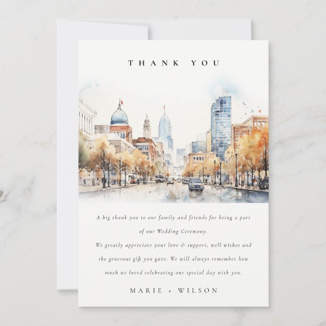 Indianapolis, Indiana Watercolor Landscape Wedding Thank You Card (Front)