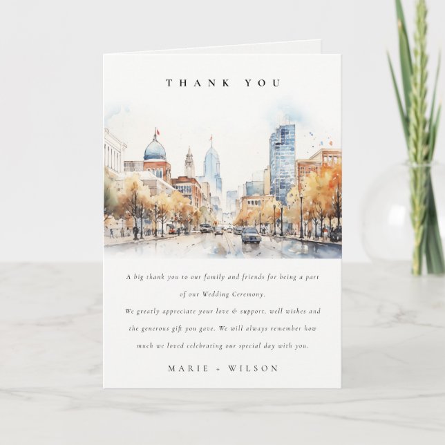 Indianapolis, Indiana Watercolor Landscape Wedding Thank You Card (Front)