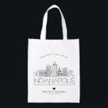 Indianapolis, Indiana Wedding | Stylised Skyline Reusable Grocery Bag<br><div class="desc">A unique wedding bag for a wedding taking place in the beautiful city of Indianapolis,  Indiana.  This bag features a stylised illustration of the city's unique skyline with its name underneath.  This is followed by your wedding day information in a matching open lined style.</div>
