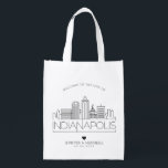 Indianapolis, Indiana Wedding | Stylised Skyline Reusable Grocery Bag<br><div class="desc">A unique wedding bag for a wedding taking place in the beautiful city of Indianapolis,  Indiana.  This bag features a stylised illustration of the city's unique skyline with its name underneath.  This is followed by your wedding day information in a matching open lined style.</div>