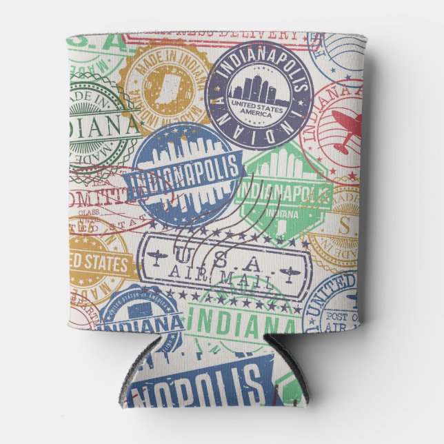 Indianapolis Stamps: Travel Seal Set. Can Cooler (Front)