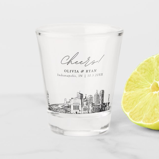 Indianapolis Wedding Favour Personalised Cheers Shot Glass (Front)