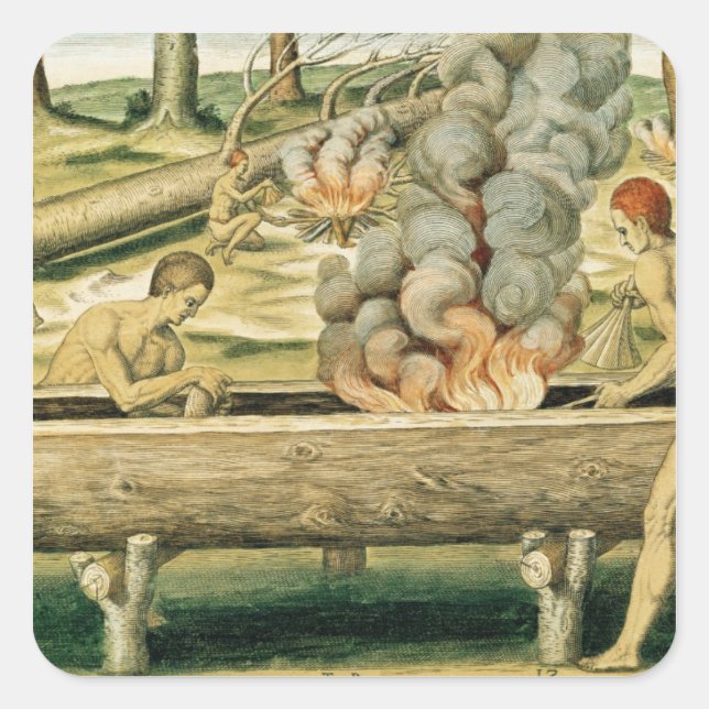 Indians Making a Dugout Canoe Square Sticker (Front)